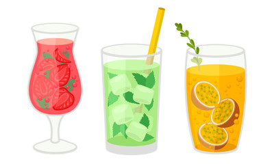 Fresh Cocktails with Ice Cubes and Sliced Fruits and Berries in Glass Vector Set. Refreshing Fruit Water