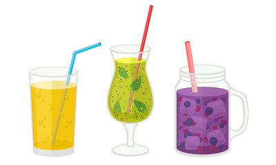 Fresh Cocktails with Ice Cubes and Berries in Glass and Jar Vector Set