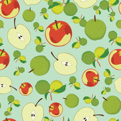 Seamless apples pattern on green background
