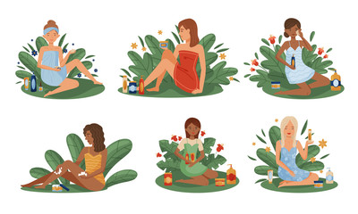 Women Using and Testing Natural Organic Cosmetic Products with Botanical Leaves Behind Vector Illustrations Set