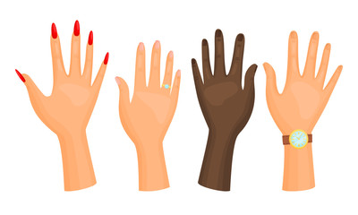 Fototapeta premium Different Hands with Ring and Watch Isolated on White Background Vector Set