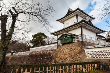 Kanazawa Castle showing a tower and the wall on the side of Ichino-mon, Ishikawa Gate, Ishikawa prefecture, Japan.