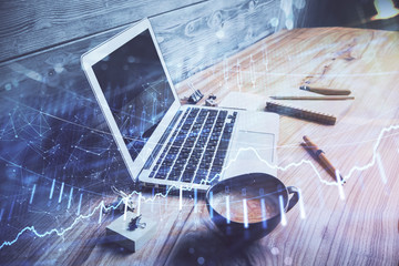 Multi exposure of forex chart and work space with computer. Concept of international online trading.