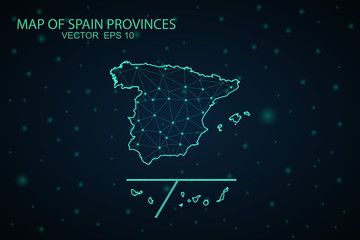 Fototapeta na wymiar Map of Spain Provinces. Wire frame 3D mesh polygonal network line, design sphere, dot and structure. communications map of Spain Provinces. Vector Illustration EPS10.