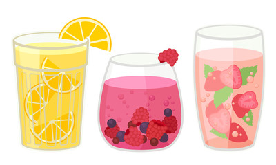 Cool Drinks with Sliced Fruits and Berries in Glass Vector Set