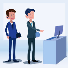 Obraz premium Business people talk about stock market and investment Illustration vector On cartoons style Board view background