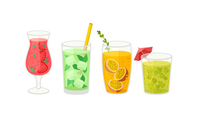Fresh Cocktails and Smoothies in Glass with Straw Vector Set. Refreshing Fruit Water