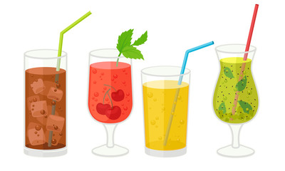 Fresh Cocktails with Ice Cubes and Straw in Glasses Vector Set