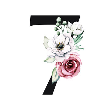 7 number with watercolor flowers and leaf. Perfectly for wedding invitations, greeting card, logo, poster and other floral design. Hand painting. Isolated on white background.