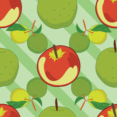 Seamless apples pattern on green stripes background