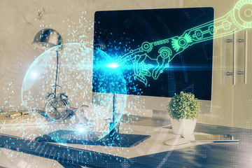 Double exposure of computer and technology theme hologram. Concept of freelance work.