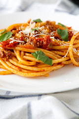 Homemade Bucatini all Amatriciana Pasta in a white plate on cloth, side view. Close-up.