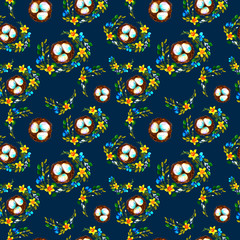 Seamless pattern with eggs and nest surrounded by twigs and flowers on a white background