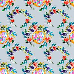 Obraz premium Seamless pattern with eggs and nest surrounded by twigs and flowers on a white background
