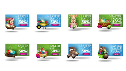 Easter sale, up to 50% off, large collection horizontal 3D discount banners in cartoon style with cartoon Easter icons. Set discount banners isolated on white background