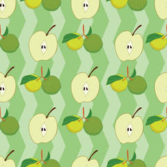 Seamless apple pattern on green chevron background