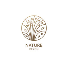 Tropical plant logo. Round emblem floral plant in linear style. Vector abstract badge flower for design of natural product