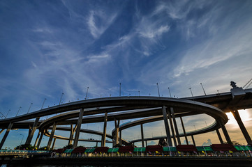 Sunset Bhumibol Highway overpass Chao Phraya River in Bangkok,Thailand 