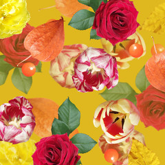 Beautiful floral background of roses, tulips and physalis. Isolated