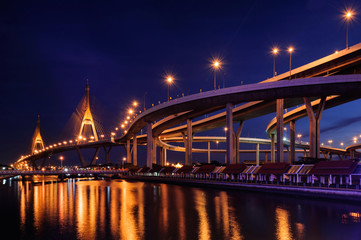 Fototapeta na wymiar Cityscape bhumibol Highway overpass Chao Phraya River in Bangkok,Thailand 
