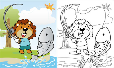 Cartoon of lion fishing in a river, coloring book or page