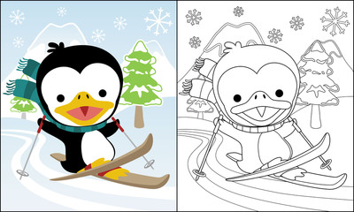 Cartoon penguin skiing in the snow mountain,coloring book or page