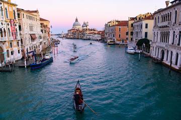 Fototapeta premium Grand Canal with Santa Maria della Salute at background at sunset time, Venice, Italy