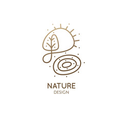 Vector logo of nature elements. Simple decorative emblem. Linear icon of landscape with tree, sun, river - business emblems, badge for a travel, farming and ecology concepts, health and yoga Center.
