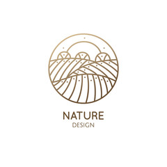 Vector logo of nature in linear style. Outline icon of simple landscape with sun, fields, trees - business emblems, badge for a travel, farming and ecology
