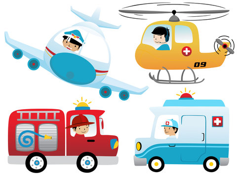 set of rescue vehicles cartoon
