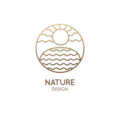 Vector simple logo of nature. Linear icon of landscape with lake and sun. Minimal logotype for business emblems, badge for a travel, tourism and ecology concepts