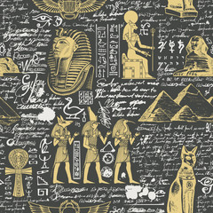 Vector seamless pattern on the Ancient Egypt theme with unreadable notes, hieroglyphs and sketches in retro style on the black background. Can be used for wallpaper, wrapping paper, fabric.