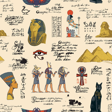 Vector seamless pattern on the Ancient Egypt theme with unreadable notes and hand-drawn images in retro style on the old paper background. Can be used for wallpaper, wrapping paper, fabric.