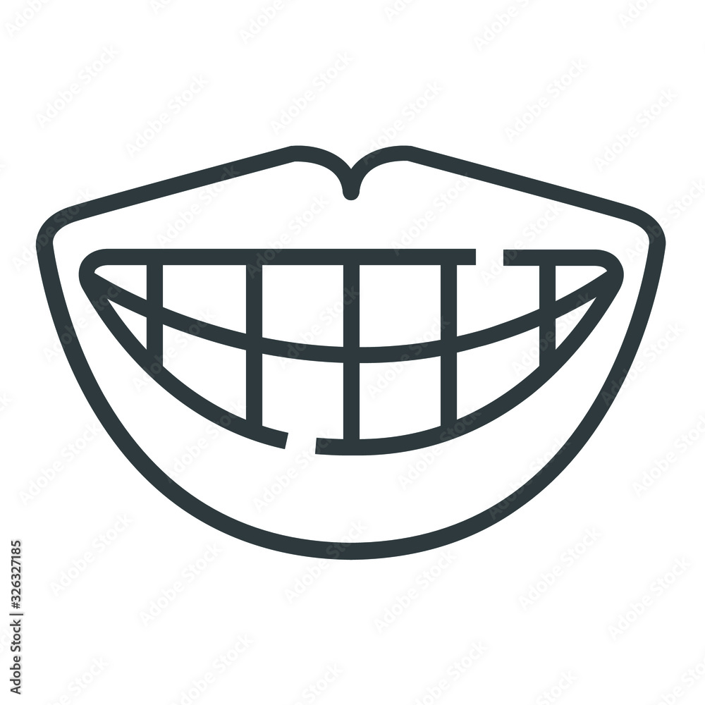 Sticker smile tooth black line icon on white background