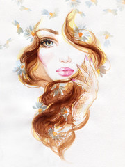 woman with flowers. beauty background. fashion illustration. watercolor painting