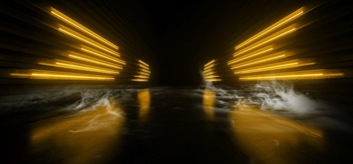 Sci Fi Futuristic Wing Shaped Alien Modern Smoke Fog Neon Led Lights Orange Yellow  Glowing Cyberpunk Concrete Dark Hallway Garage Showroom Garage Empty Background 3D Rendering © IM_VISUALS