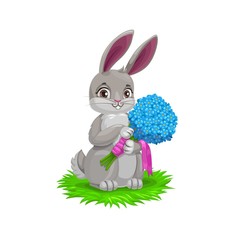 Obraz premium Easter bunny with flower bouquet, vector Easter holiday egg hunt party. Cartoon hare animal holding spring flowers of blue forget-me-not with pink ribbons