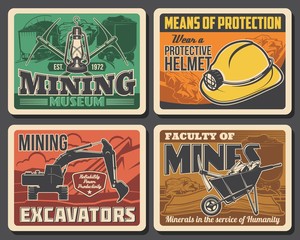 Mining industry coal mine machinery excavators and miner equipment museum vector vintage posters. Miner university and industrial production faculty on metal and iron ore extraction - obrazy, fototapety, plakaty