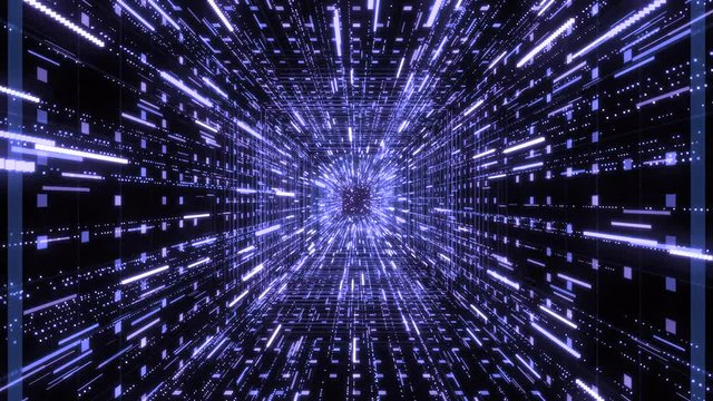 Star stream with shining stripes in tunnel. Animation. Cyber space of tunnel with immersive 3D flow of neon lines. Beautiful space tunnel of glowing neon lines and particles