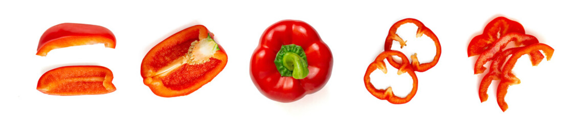 Set of fresh whole and sliced bell pepper isolated on white background. Top view