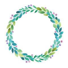 Watercolor spring green wreath of twigs, berries and leaves, copy space, greetings card, isolated on white