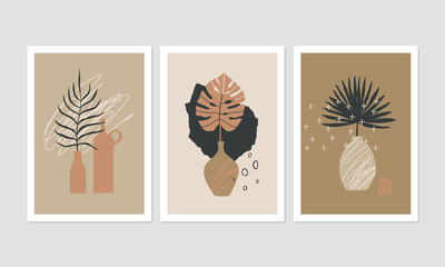 Set of 3 modern aesthetic posters for home decor, invitation, greeting card designs. Abstract vector illustrations with hand drawn design elements, plants, geometric shapes and textures.