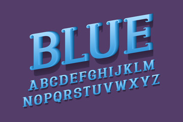 Volumetric alphabet of blue letters with curly serifs. 3d display font. Isolated english alphabet.