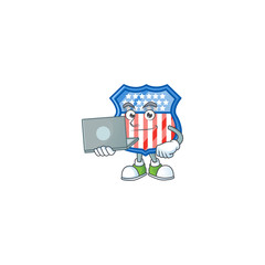 A smart shield badges USA mascot icon working with laptop