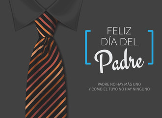 Tarjeta del día del padre con texto caligráfico, corbata con tonos naranajas y camisa negra.
