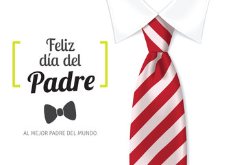 Tarjeta del día del padre con texto caligráfico, corbata roja y camisa blanca.