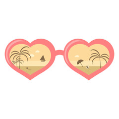 Illustration of a heart shaped sunglasses with bech reflection