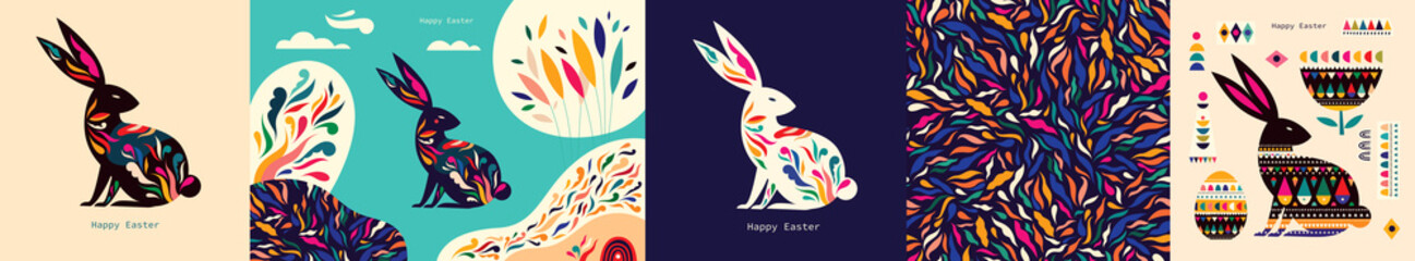 Colorful collection with easter rabbit and easter eggs. Happy easter greeting card with decorative easter bunny - 326332139