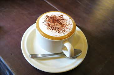 Cappuccino avec mousse de lait et chocolat en poudre.