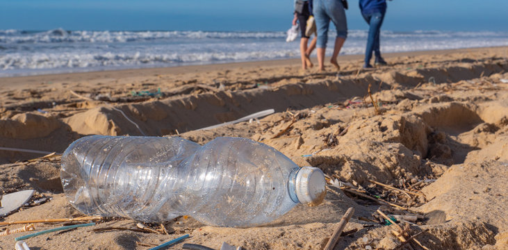 Plastic bottle on the beach, pollution
